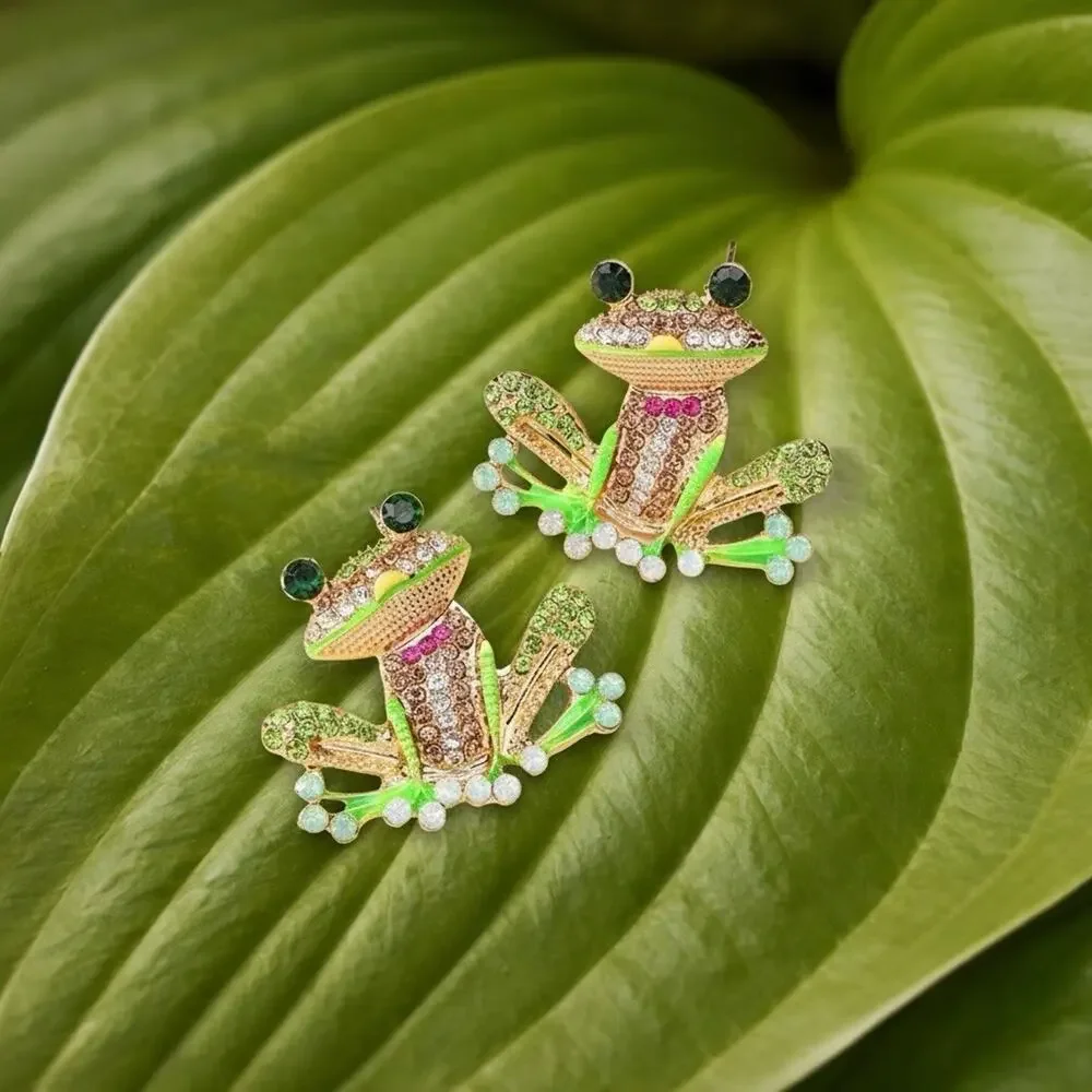 Baublebar Frog Earrings Gold CZ Stud Statement Whimsical Boho Crystal Retro VTG